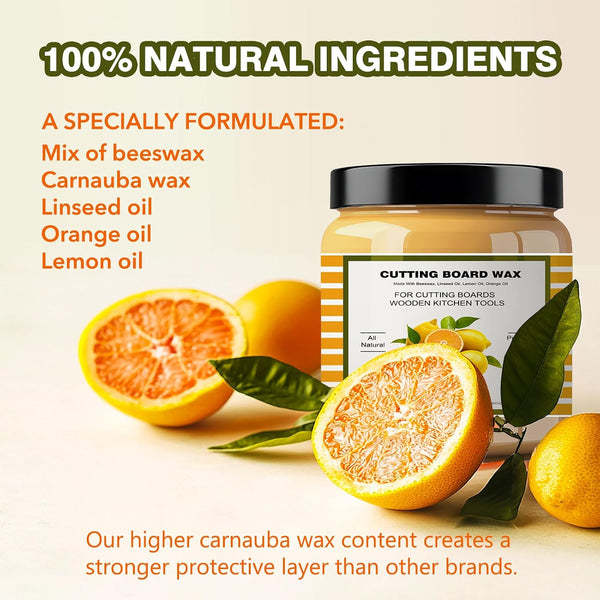 Premium Cutting Board Finish Wax - Natural Beeswax and Carnauba Wax - Improved with Lemon & Orange Oils - Beeswax Wood Polish - for Wood Butcher