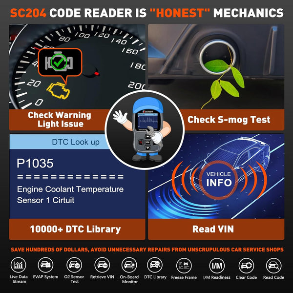 CGSULIT Scan Tool SC204 OBD2 Scanner, Check Engine Light Code Reader with Reset, One-Click I/M, Clear Error Code, DTC Lookup & More, Car