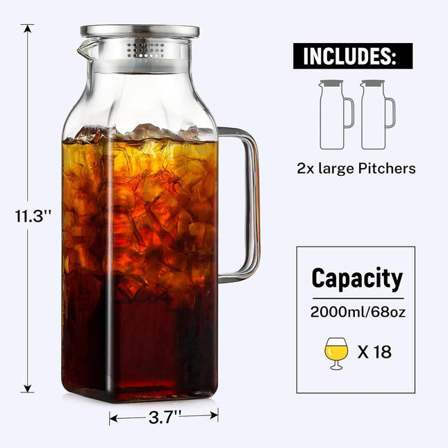 Netany 2 Pack 2 Liters/68 Oz Square Glass Pitcher with Lid and Handle for Fridge, Iced Tea and Coffee Carafe Beverage Se