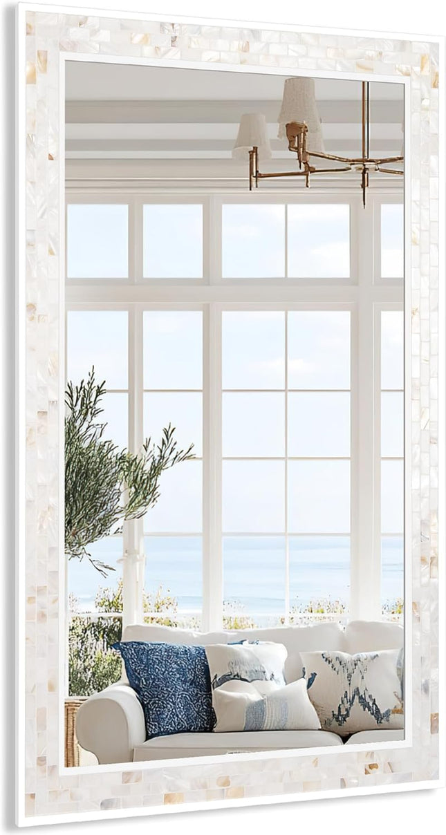 Tanmicoshomy 24 X 47 Inch Rectangle Wall Mirror, Natural Shell Framed Rectangular Mirror for Bathroom Vanity Bedroom, Li