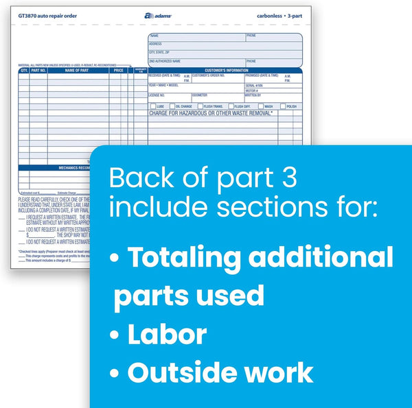 Adams Auto Repair Order Forms, 8.5 x 7.44 Inch, 3-Part, Carbonless, 50-Pack, White and Canary (GT3870) 50-Pack Repair Order Forms
