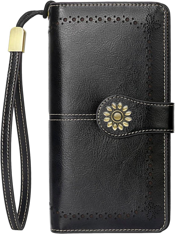 Lavemi Womens Large Capacity Genuine Leather RFID Blocking Wallets Wristlet Clutch Card Holder 1-waxed Black