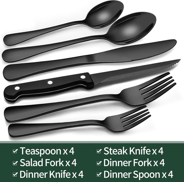 24-Piece Black Silverware Set with Steak Knives, Black Flatware Set for 4, Food-Grade Stainless Steel Tableware Cutlery Set, Mirror Finished