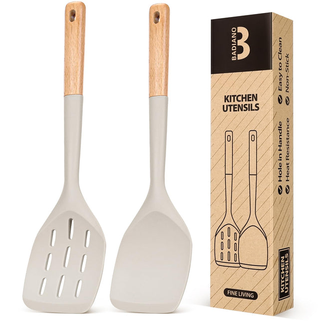 Pack of 2 Silicone Spatula, Non Stick Cooking Utensil Set Wooden Handle Kitchen Turner for Baking Mixing Grilling Servin