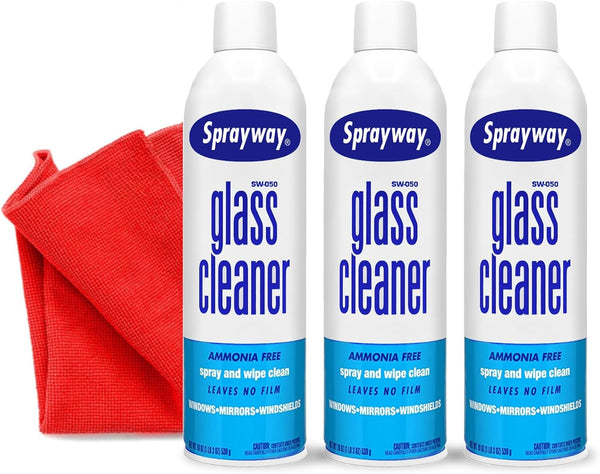 3 Pack Sprayway Glass Cleaner W/Microfiber Cleaning Cloth - Streak-Free Shine, Safe Formula, Multi Surface Glass, Door, Mirror & Window Cleaner