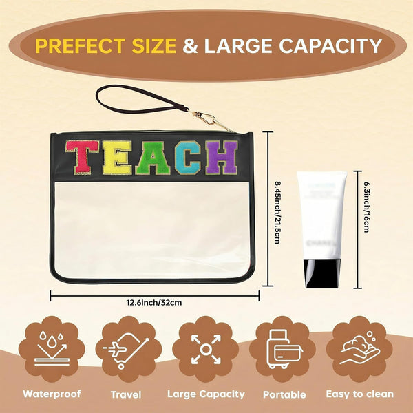 Chenille Letter Clear Zipper Pouch for Travel Preppy Patch Makeup Bag-Nylon Cosmetic Preppy Makeup Waterproof Organizer Bag Set for Women