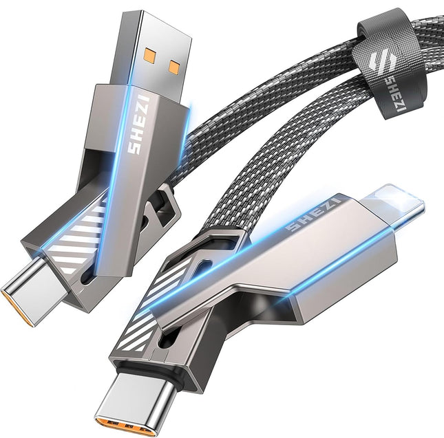 [Upgraded 2.0] SHEZI 4-In-1 USB C Cable 60W 5FT Lightning Cable MFI Certified [Fast Charging & Data Sync] Flat Braided M