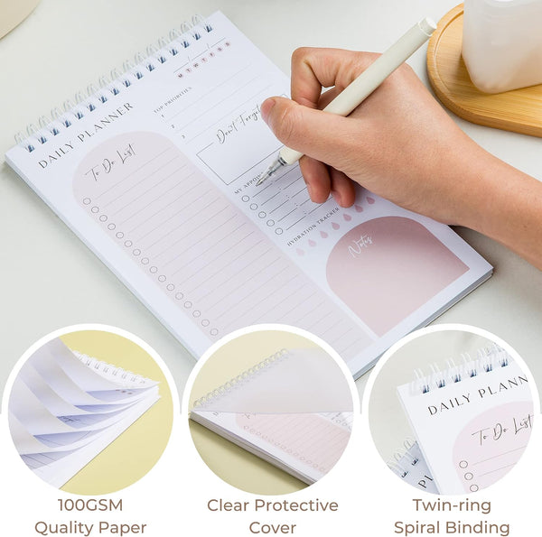 Daily Planner To Do List Notepad 60 Undated Pages,Coral,Twin-ring Spiral Bindling 6x9 Inch Desktop Daily Planning Notepad with Protective