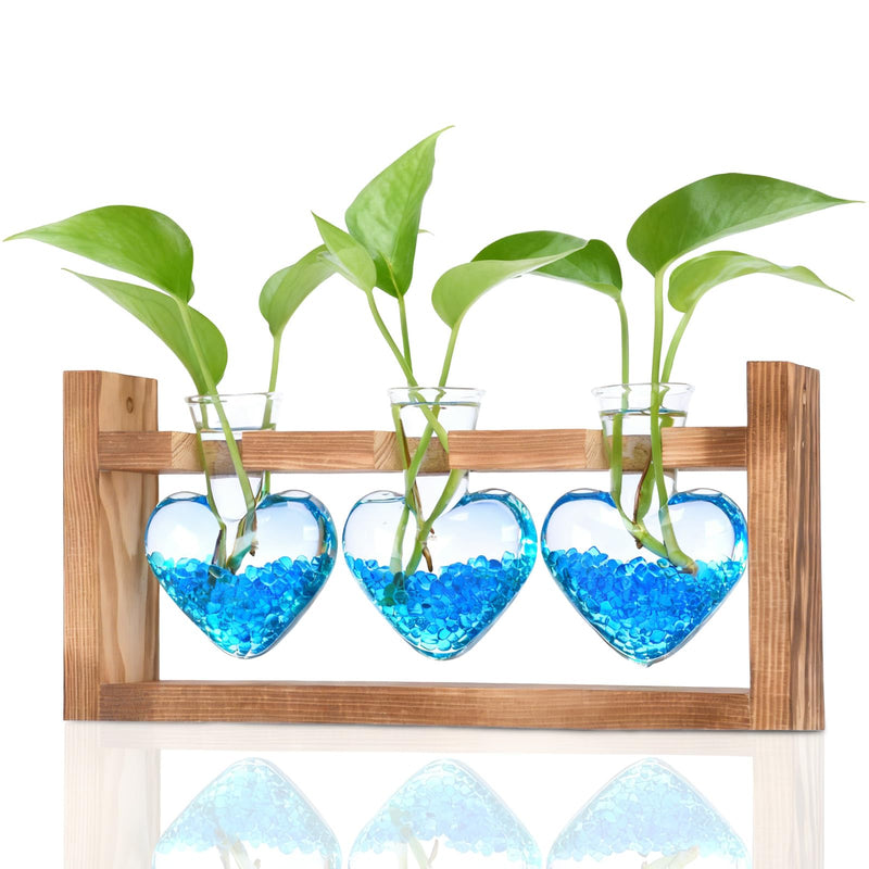 Nacome Plant Terrarium with Wooden Stand, 3 Heart Bulb Glass Vases Transparent