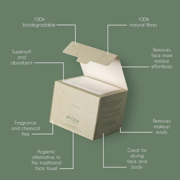 Whistle Wellnessâ¢ Disposable Face Towel 10"Ã12", Resealable Box, Biobased Plant Based Ultra Soft, Thickness Face Towelettes XL, Makeup Remover Dry