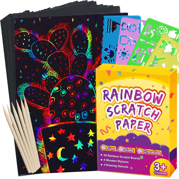 FUNNYB&G Rainbow Scratch Paper Art for Kids - 60 Pcs Magic Rainbow Scratch Paper off Set Scratch Easter Crafts Arts Supplies Kits Pads Sheets for