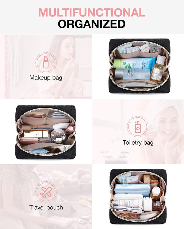 BAGSMART Small Makeup Bag, Compact Cosmetic Pouch for Women for Purse, Travel Toiletry Organizer with Wide Open Design, Black 01-Black