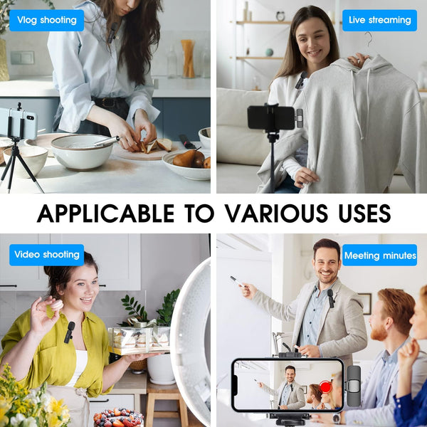 2 Pack Wireless Lavalier Microphone for iPhone iPad, Lapel Mics Plug-Play 2.4G Ultra-Low Delay Built-in Noise Reduction Chip 8H Working Time for