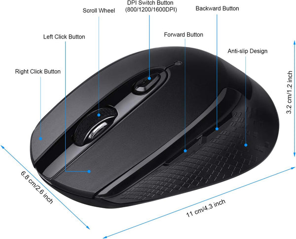Cimetech Wireless Ergonomic Optical Mouse, 6 Buttons, Silent with USB Receiver and 3 Adjustable DPI for Laptop, Desktop, Mac, PC - Black