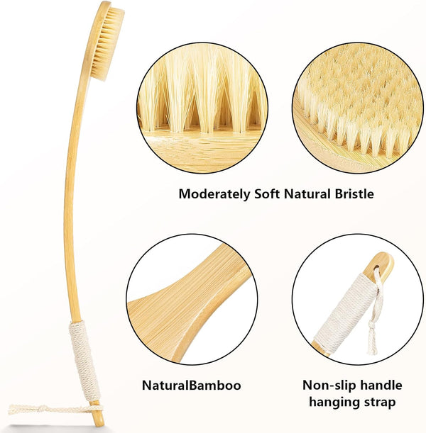Body Brush Back Scrubber,18.7 Inch Long Handle Detachable Body Brush with Dual Brushing Heads for Dry Brushing Shower, Bamboo Medium Firm Bristle
