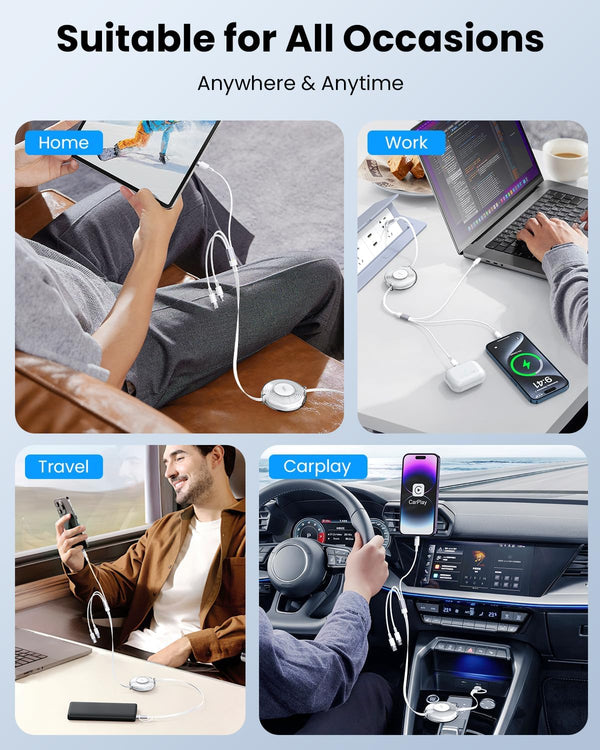 100W Multi USB Charging Cable, 6-in-1 Retractable USB C/Lightning/Micro Multi Charger Cords for iPhones, iPads, MacBook, Tablets, Galaxy, Note &