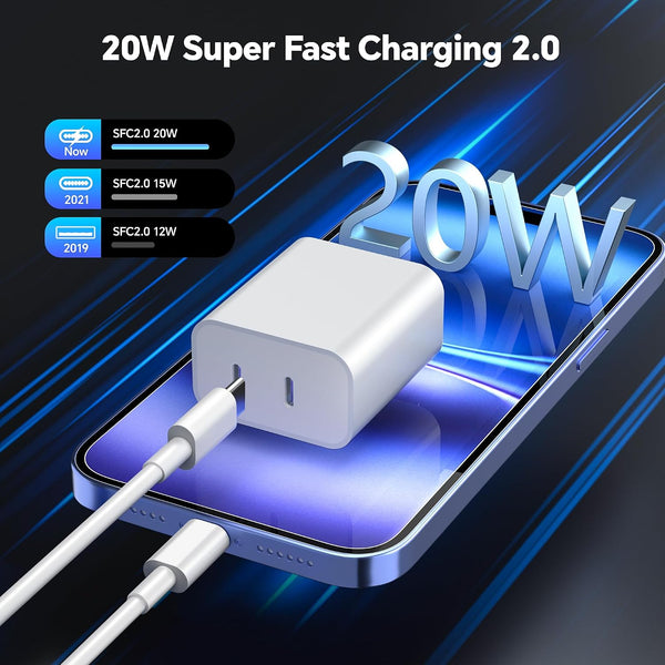 Compatible with iPhone 17/16/15 Charger Fast Charging, Dual Port 20W USB C Wall Charger Block Type C to Type C 10ft Long USB C Fast Charing Cable