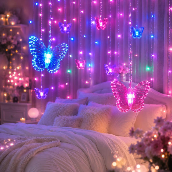 Butterfly Curtain Fairy Lights USB Plug in,8 Modes 120 LED 19.7FT Firefly Twinkle Timer String Lights with Remote, Waterproof Copper Wire for