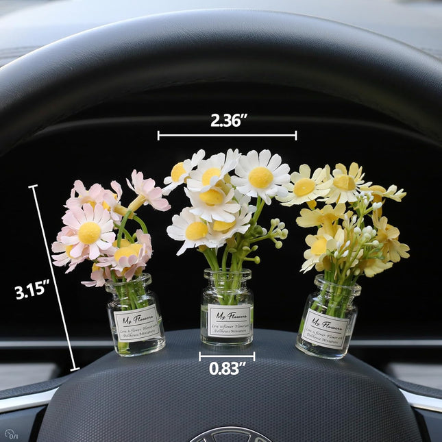 Daisy Flower Car Accessories for Women Interior Aesthetic, 3 Pcs Daisy Cute Car 