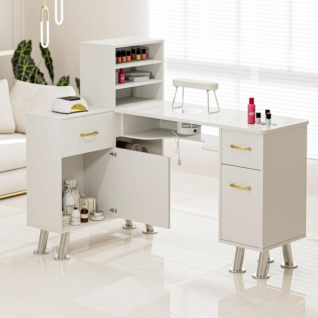Paddie L-Shaped Manicure Table Nail Station with Shelves, Nail Tech Table Nail T