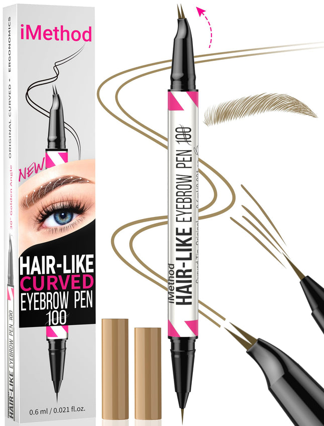 iMethod Curved Eyebrow Pen - 2-in-1 Dual-Ended Eyebrow Pencil with Curved Tip and Precise Brush-Tip, Microblading Pen fo
