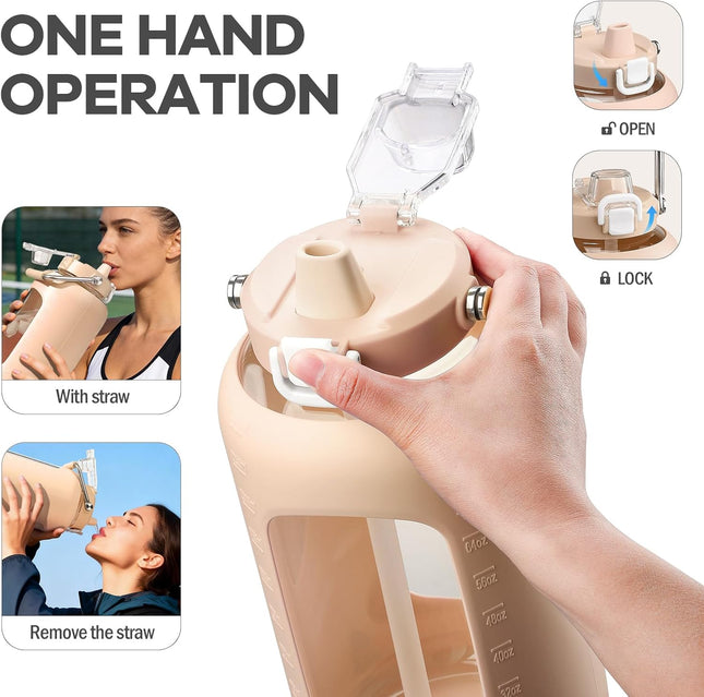 24Oz Glass Water Bottle with 2 Lids, Glass Tumbler with Silicone Sleeve, Drinking Bottles with Motivational Time Marker,