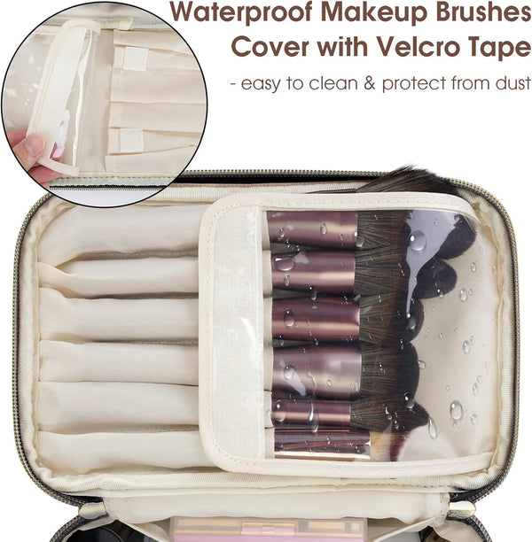 Wandering Nature Makeup Bag, Women Travel Make Up Vanity Case with Handle Black Leather Medium