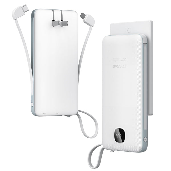 TESSAN Portable Charger with Built in Cables, 10000Mah Power Bank Fast Charging with Foldable Wall Plug Charger, 20W Compact Battery Pack Travel