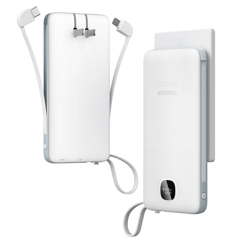 TESSAN Portable Charger with Built in Cables, 10000Mah Power Bank Fast Charging with Foldable Wall Plug Charger, 20W Compact Battery Pack Travel