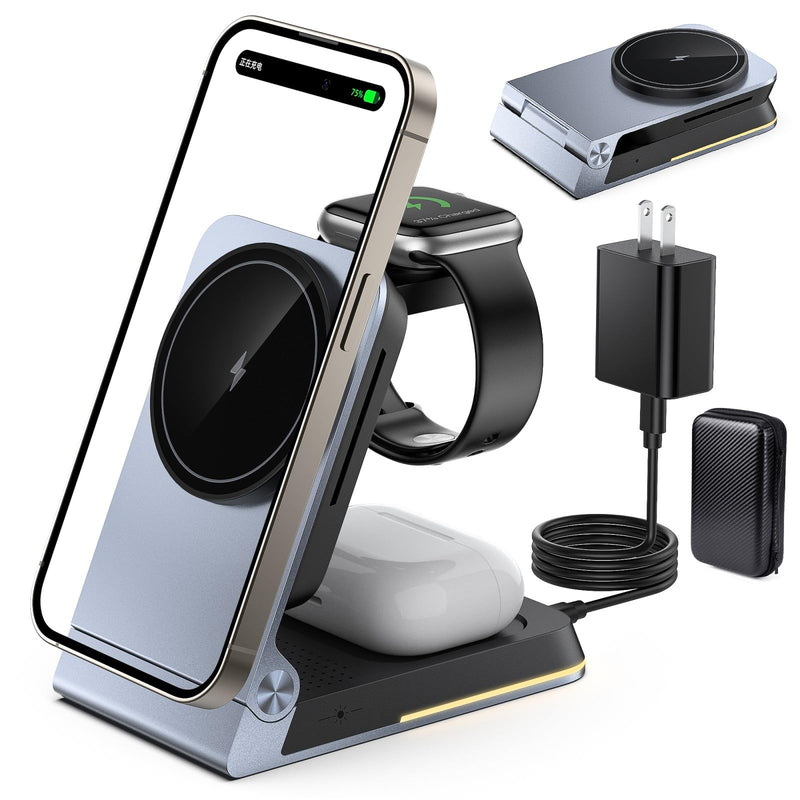 Aluminum 3 in 1 Wireless Charging Station,Foldable Wireless Charger for Apple Magsafe with Light,Portable Travel Magnetic Charger Stand for Iphone