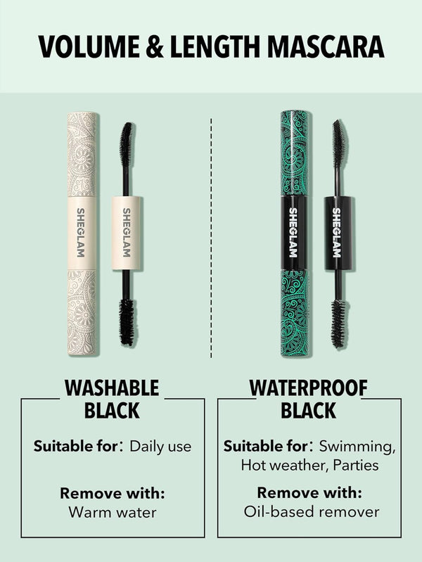 SHEGLAM 2 In 1 Black Volume and Length Waterproof Mascara Long Lasting Dual-Ended Tubing Eye Makeup Waterproof Black