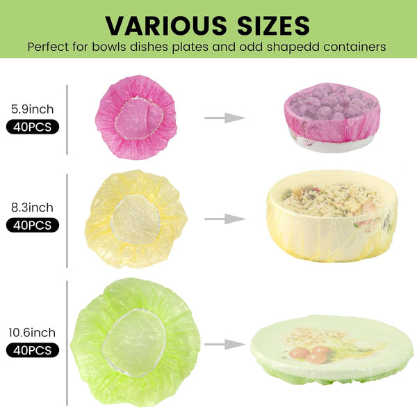 HANSGO 120Pcs Bowl Covers Reusable, Elastic Fresh Keeping Bags Plastic Shower Caps Food Wraps for Family Outdoor Picnic(3 Size)