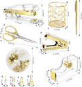 Famassi Gold Desk Accessories，Office Supplies Set Acrylic Stapler Set Staple Remover, Tape/Pen Holder, 2 Ballpoint Pen, Scissor, Binder/Paper