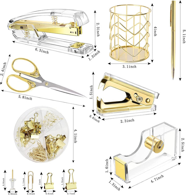 Famassi Gold Desk Accessories，Office Supplies Set Acrylic Stapler Set Staple Remover, Tape/Pen Holder, 2 Ballpoint Pen, Scissor, Binder/Paper
