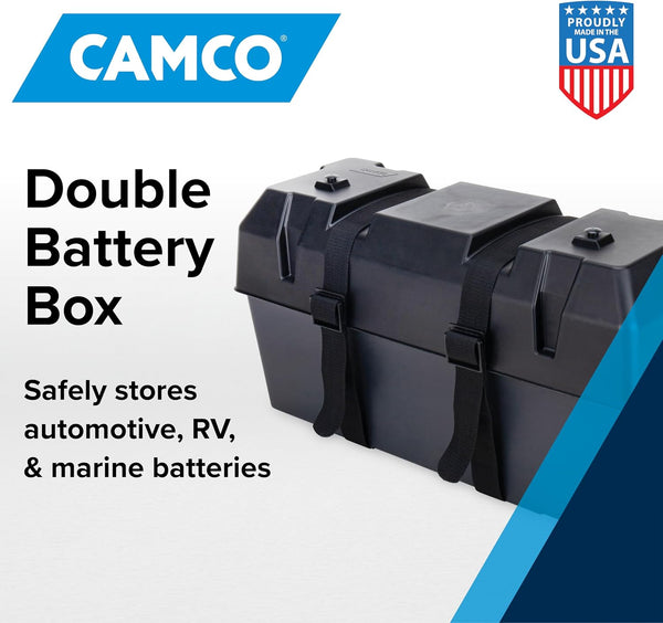 Camco Double Battery Box - Safely Stores RV, Automotive, and Marine Batteries - Features a Heavy-Duty Corrosion-Resilient Polymer Construction and