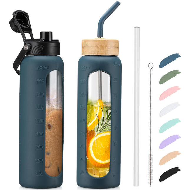 Kodrine Water Bottle with Straw, 24 Oz Glass Water Bottle with 2 Lids Bamboo Str