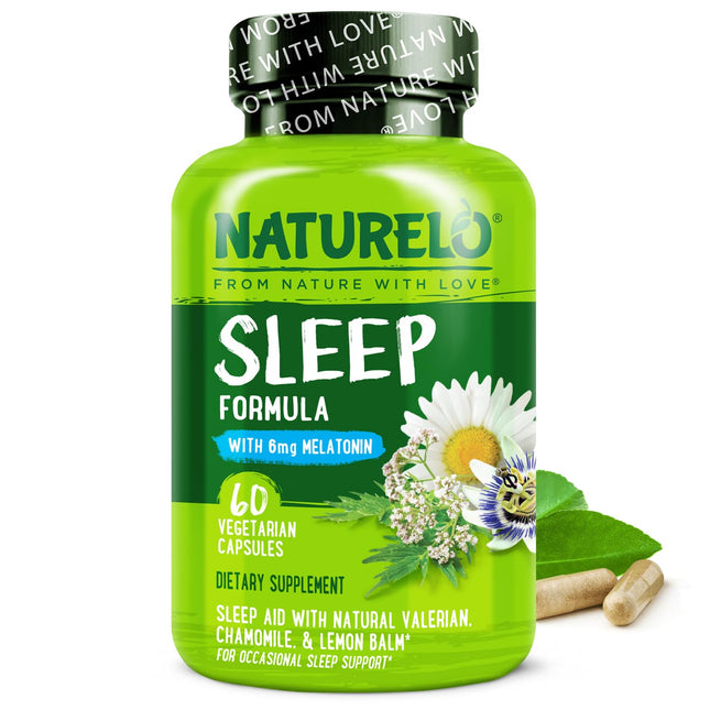 NATURELO Sleep Aid - with Melatonin, Magnesium, GABA, Valerian Root, Lemon Balm, Chamomile Herbal Extracts - Plant-Based