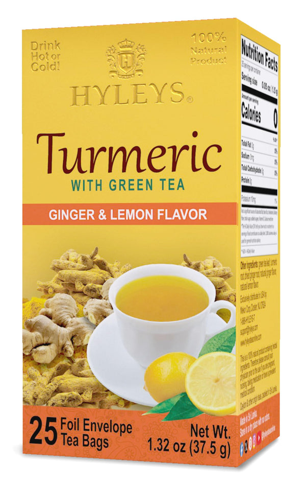 HYLEYS Turmeric Green Tea with Ginger and Lemon, Kosher, 25 Tea Bags Ginger with Lemon 25 Count (Pack of 1)