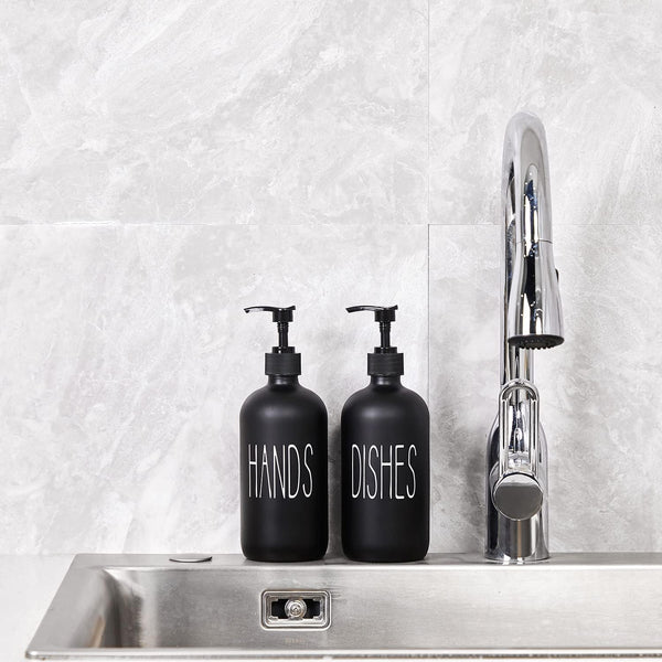 Glass Soap Dispenser Set 2 Pack,Contains Hand and Dish Soap Dispenser.Premium 16 Oz Black Kitchen Soap Dispenser Set for Kitchen Sink and