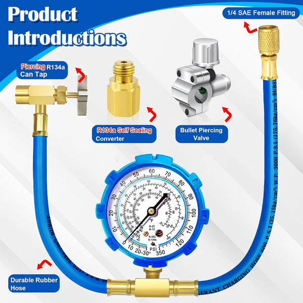 Refrigerator Freon Recharge Hose Kit-R134A R12 R22 Fridge Recharge Tool Kit with 2 BPV31 Bullet Piercing Tap Valves,1 R134A Self-Sealing Adapter,