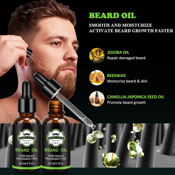 Beard Kit for Men Fathers Day Dad Gifts with Beard Wash, Beard Conditioner, Beard Oil, Beard Balm, Brush, Comb, Scissors, Storage Bag, Gifts for