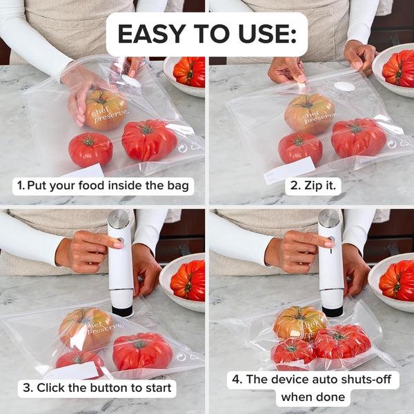 Chef Preserve Compact Vacuum Sealer for Food (Vacuum Sealer Machine + 10 Reusable Vacuum Bags) Powerful Handheld Vacuum Sealer Machine, Seal Meal