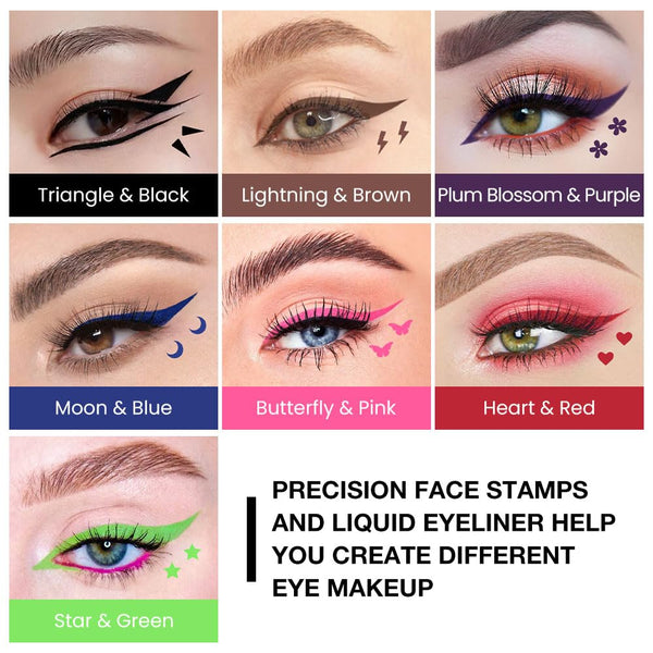 Evpct 7Pcs Colored Liquid Eye Liners Face Stamp Cosplay Gothic Makeup Set Kit for Beginners, Black Brown Purple Blue Red Pink Green Star Flowers