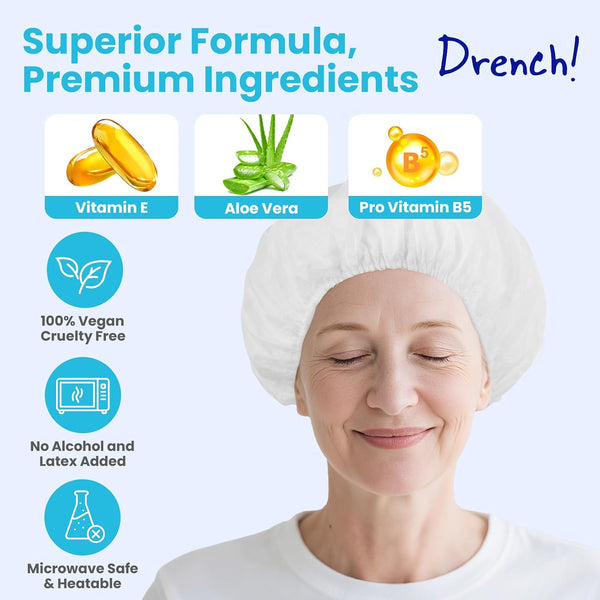 Drench Shampoo Caps No Rinse - Waterless Shampoo Cap and Conditioner - Dry Hair Wash Caps for Elderly or Bedridden - Contains Aloe Vera, Vitamin E