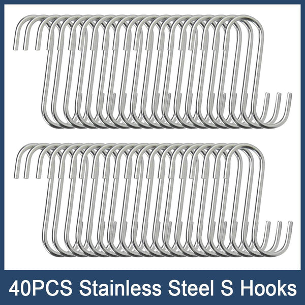 40 Pack S Hooks - Stainless Steel Heavy Duty S Hooks for Hanging pots, Pans, Plants, Coffee Mugs, Towels in Kitchen and Bathroom, Coat, Bag, Work