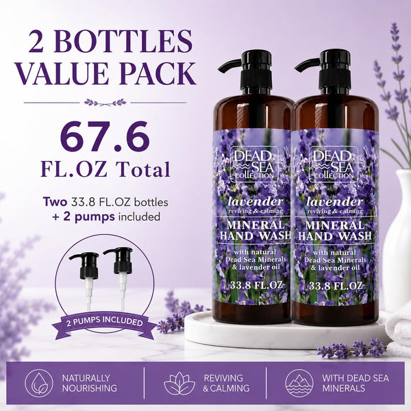 Dead Sea Collection Hand Soap Pump Lavender - Moisturizing Hand Wash Liquid with Dead Sea Minerals and Lavender Oil, Reviving, Calming - Pack of 2