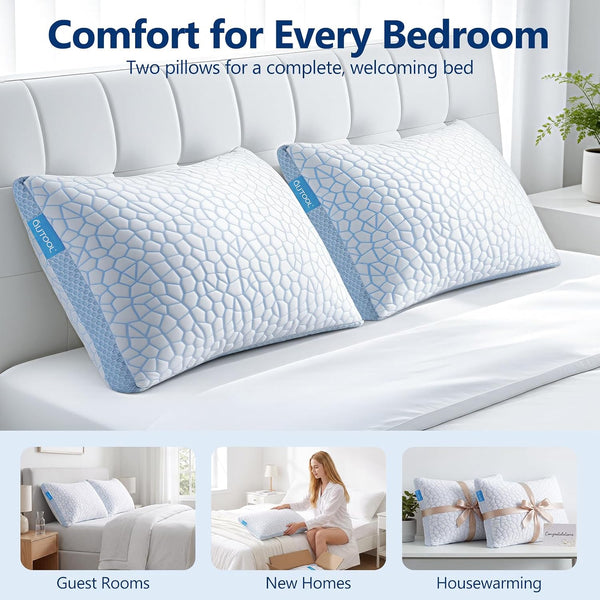 QUTOOL Enhanced Cooling Pillows for Sleeping, Shredded Memory Foam Pillows 2 Pack, Bed Pillows Queen Size Set of 2, Support yet Soft Pillow for