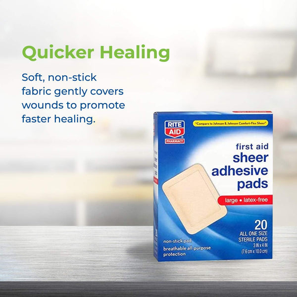Rite Aid Sheer Adhesive Bandages with Sterile Non Stick Pad, 3" x 4" - 20 Count | Wound Care/First Aid Supplies | Bandage Wrap | Medical Tape for