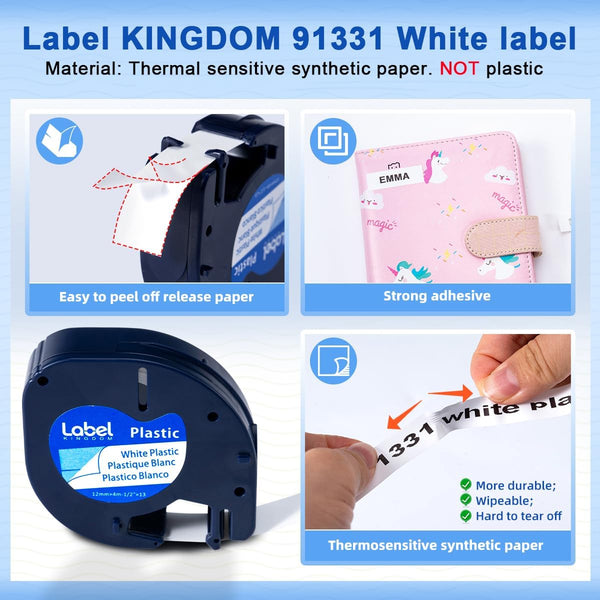 Compatible with Dymo LetraTag Label Maker Refills 91331 Plastic White Tape 12mm x 4m (1/2" x 13'), for Labeler Letra Tag 200B, LT 100T 100H Plus,