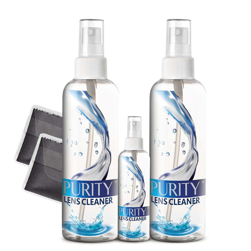 Purity Eyeglass Lens Cleaner Kit - 2 x 8oz and 1 x 2oz Lens Cleaner Spray Bottle + 2 Microfiber Cleaning Cloths - Safe for All Lenses (AR Coated